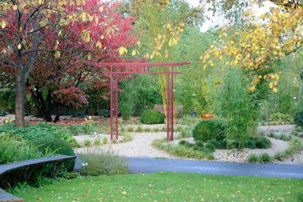 Torii Arch by Classic Garden Elements in Fall Japanese Garden